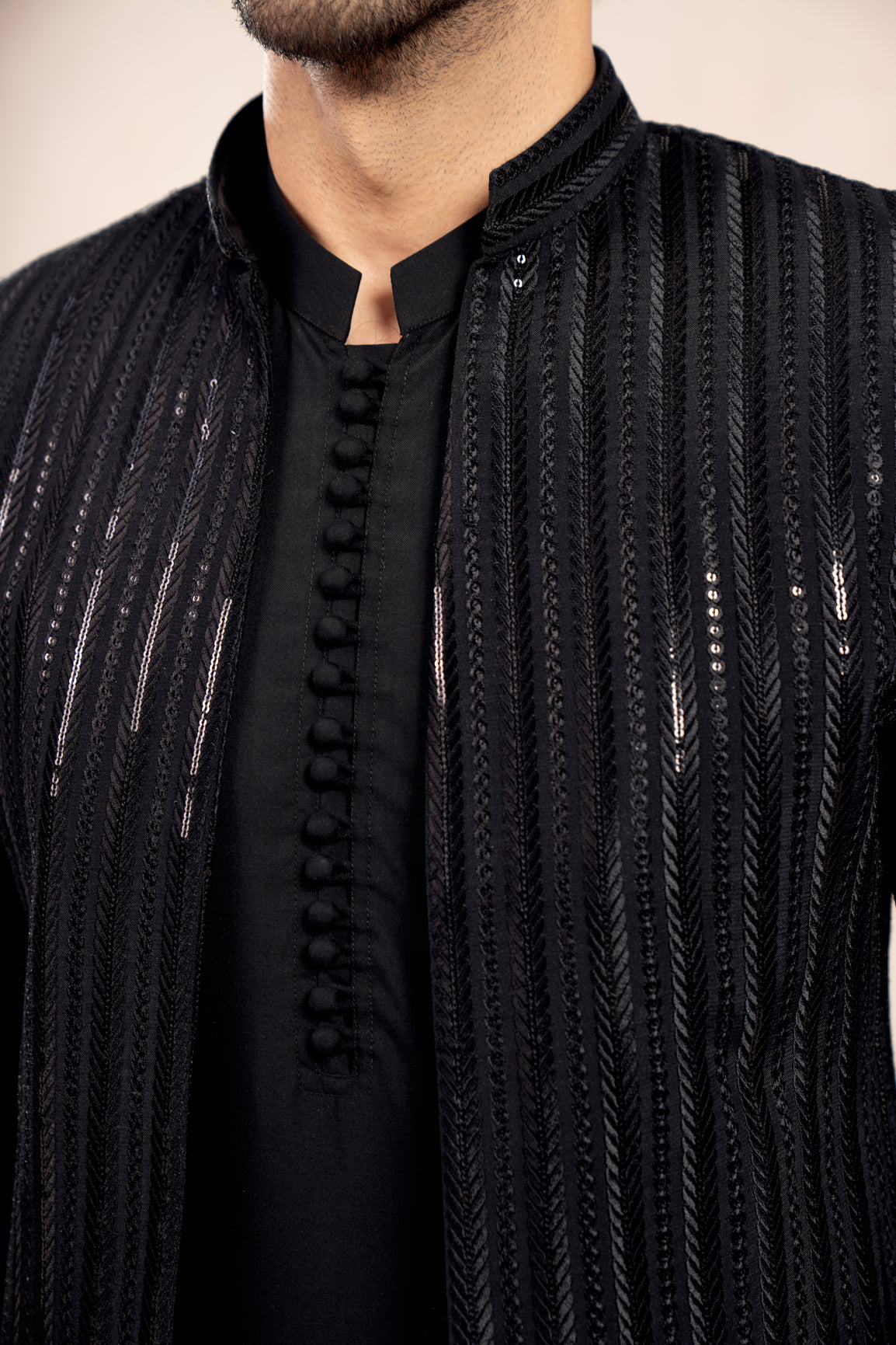 Black Sequin Embroidered Raw Silk Prince Coat (3-Piece) - Image 7