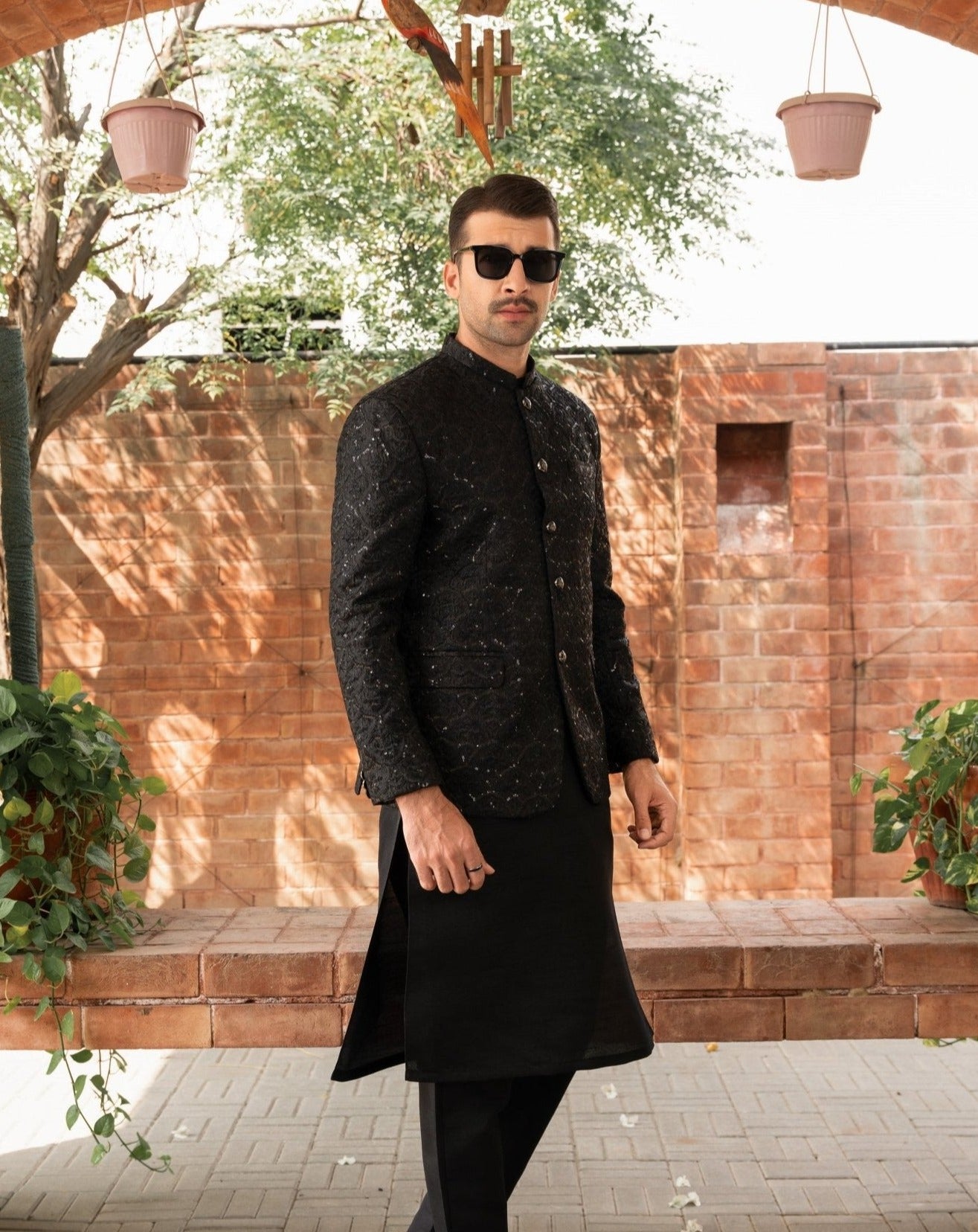 Black Sequin Embroidered Raw Silk Prince Coat (3-Piece) - Image 1