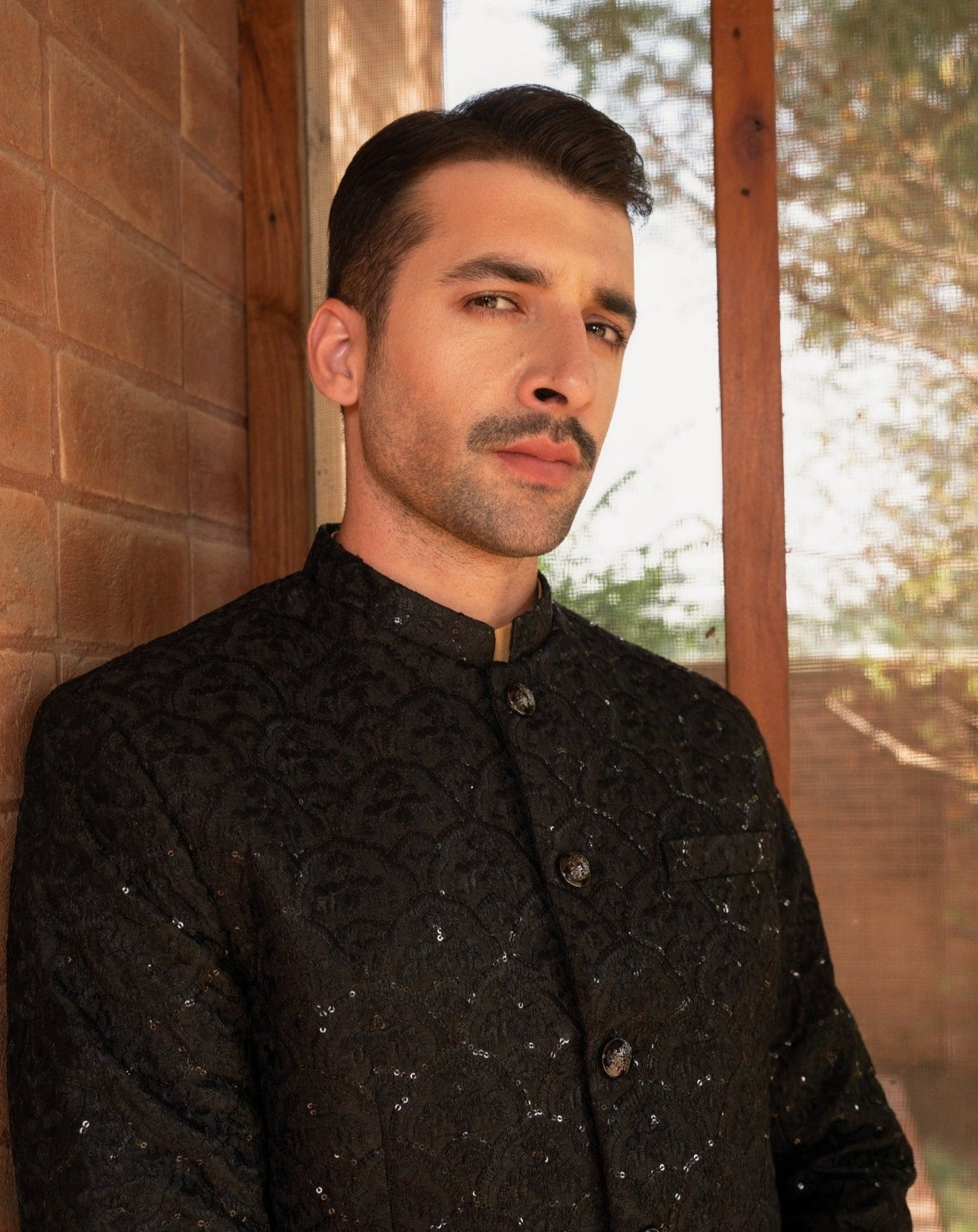 Black Sequin Embroidered Raw Silk Prince Coat (3-Piece) - Image 2