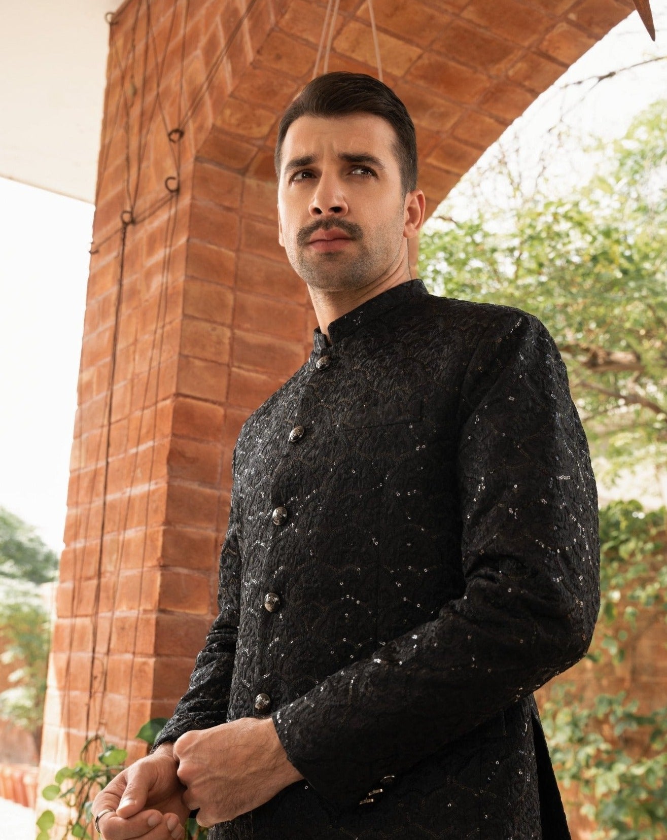 Black Sequin Embroidered Raw Silk Prince Coat (3-Piece) - Image 3