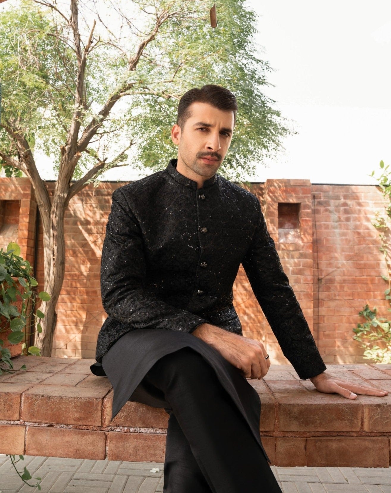 Black Sequin Embroidered Raw Silk Prince Coat (3-Piece) - Image 4