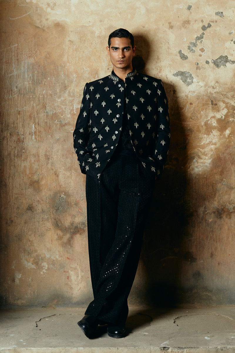 Jet Black Embroidered Raw Silk Prince Coat (2-Piece) - Image 1