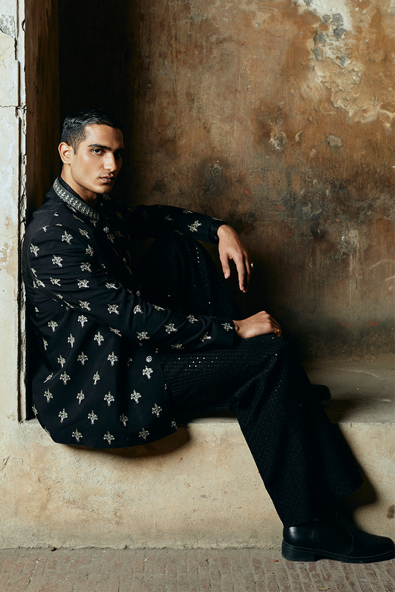 Jet Black Embroidered Raw Silk Prince Coat (2-Piece) - Image 4
