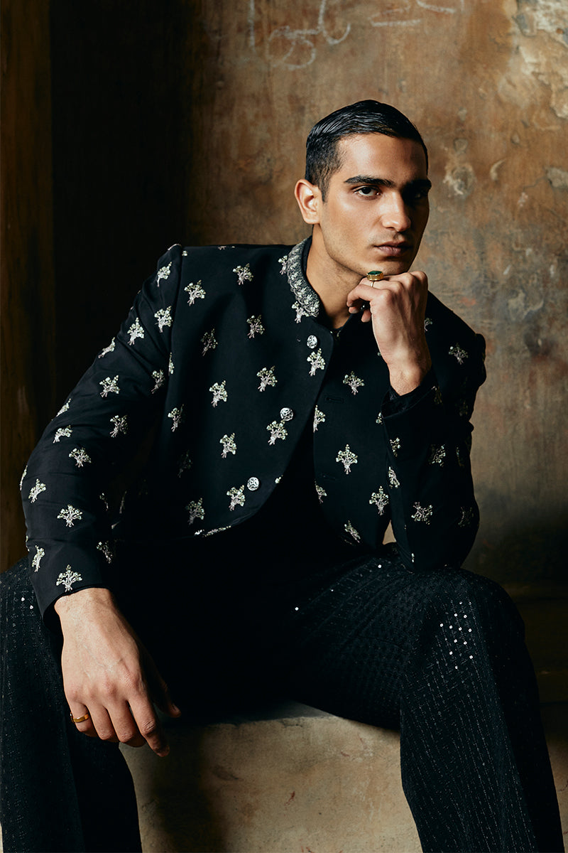 Jet Black Embroidered Raw Silk Prince Coat (2-Piece) - Image 6