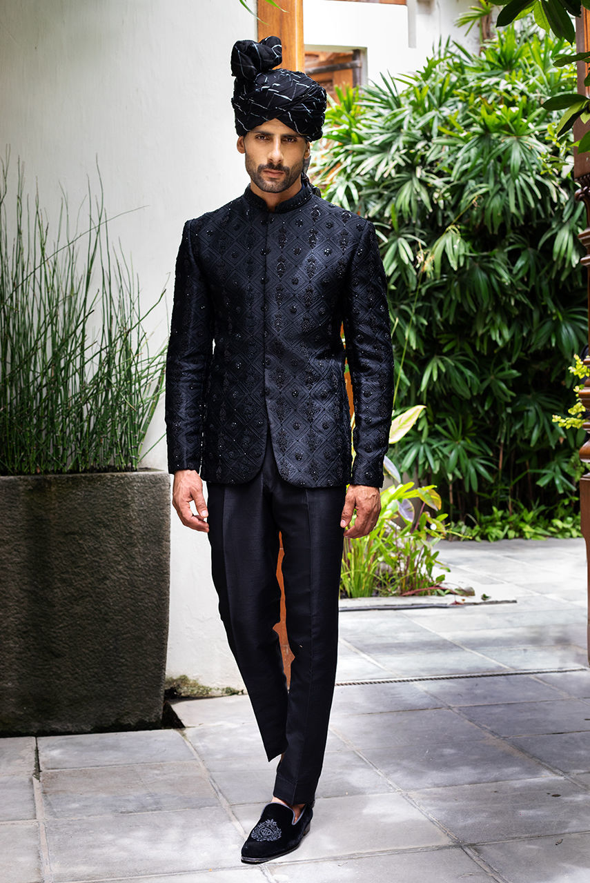 Black Hand-Embroidered Raw Silk Prince Coat (2-Piece) - Image 1