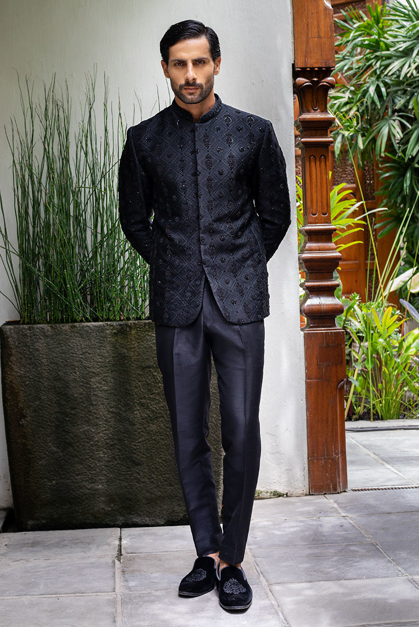 Black Hand-Embroidered Raw Silk Prince Coat (2-Piece) - Image 2