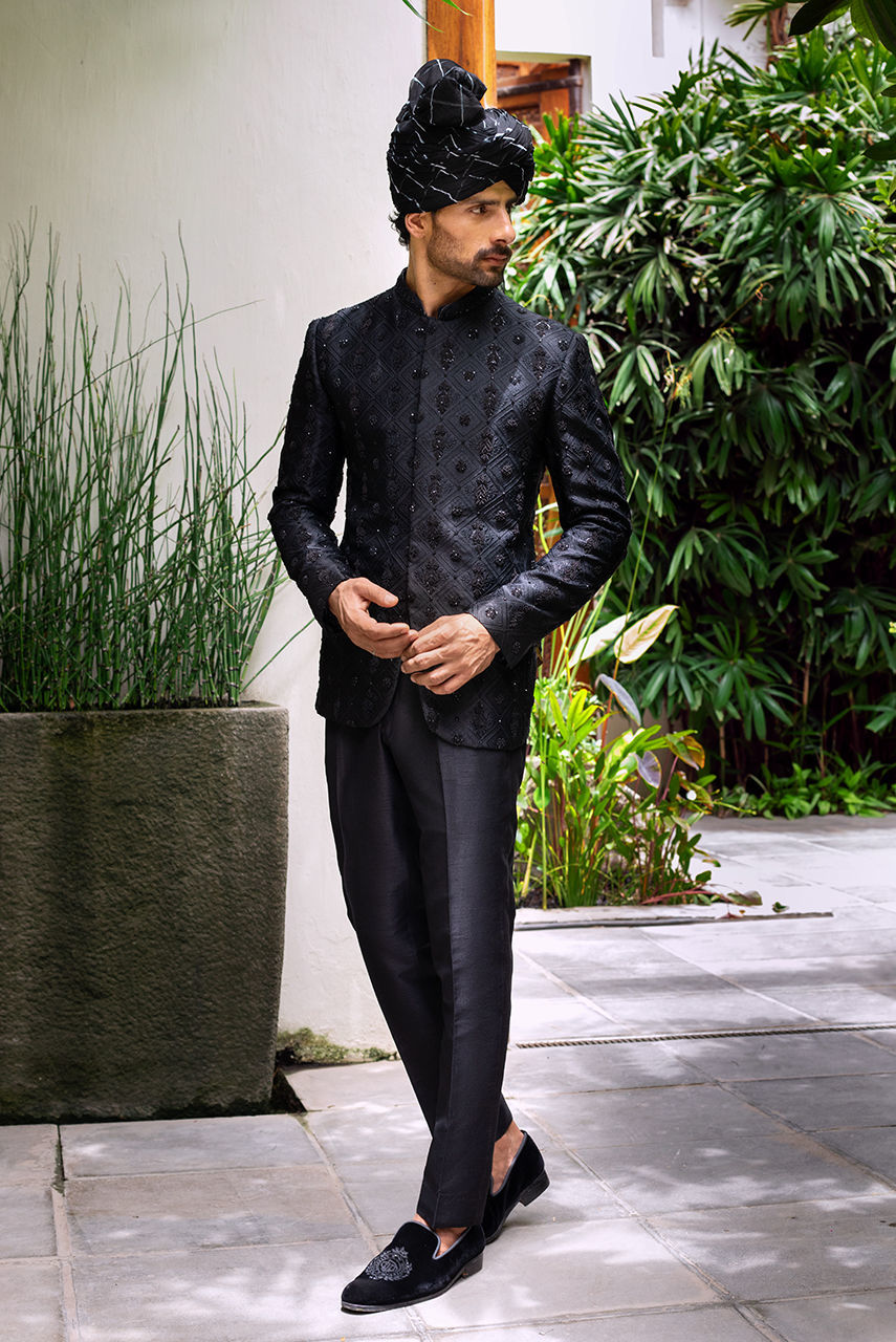 Black Hand-Embroidered Raw Silk Prince Coat (2-Piece) - Image 3