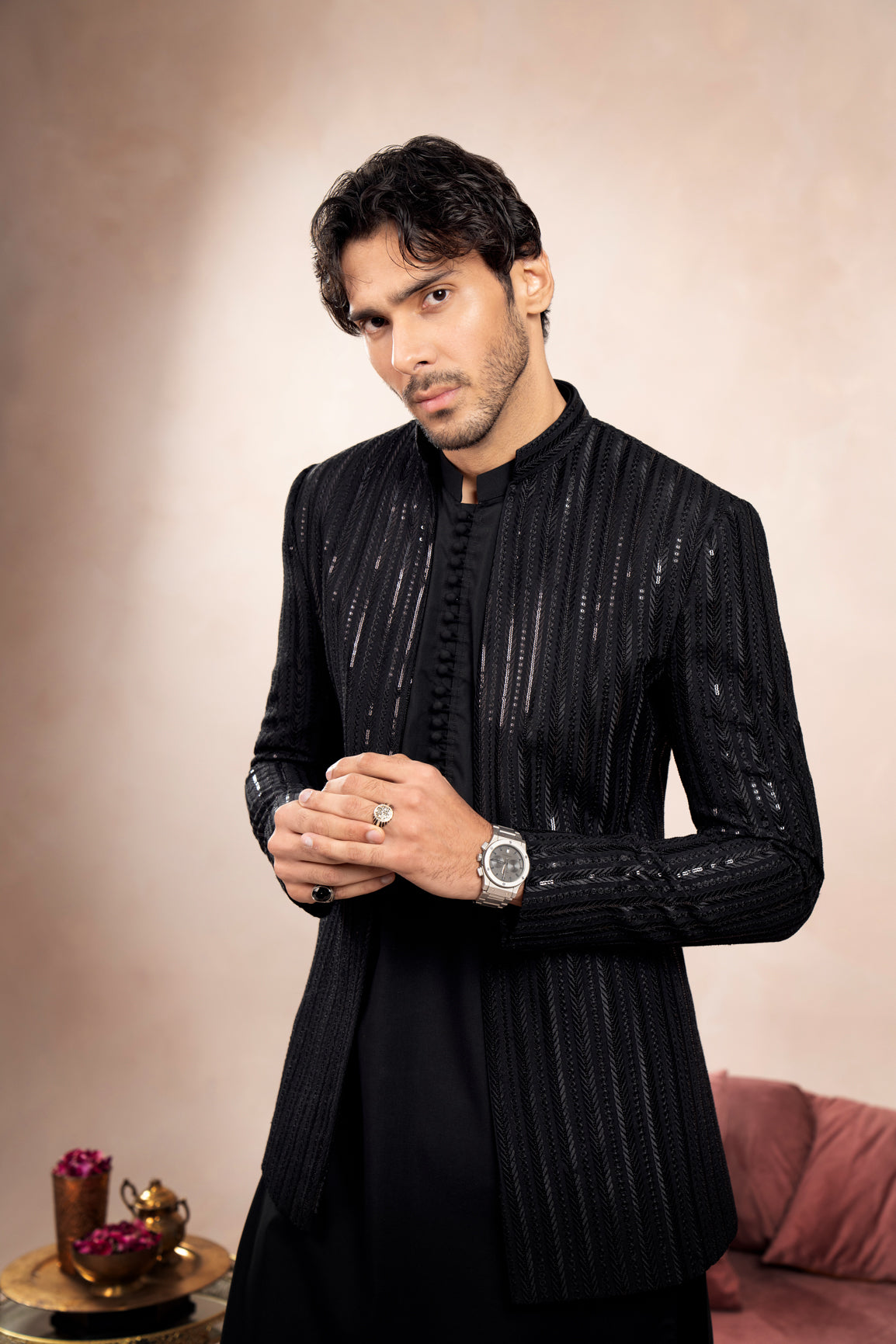 Black Sequin Embroidered Raw Silk Prince Coat (1-Pc) - Image 1