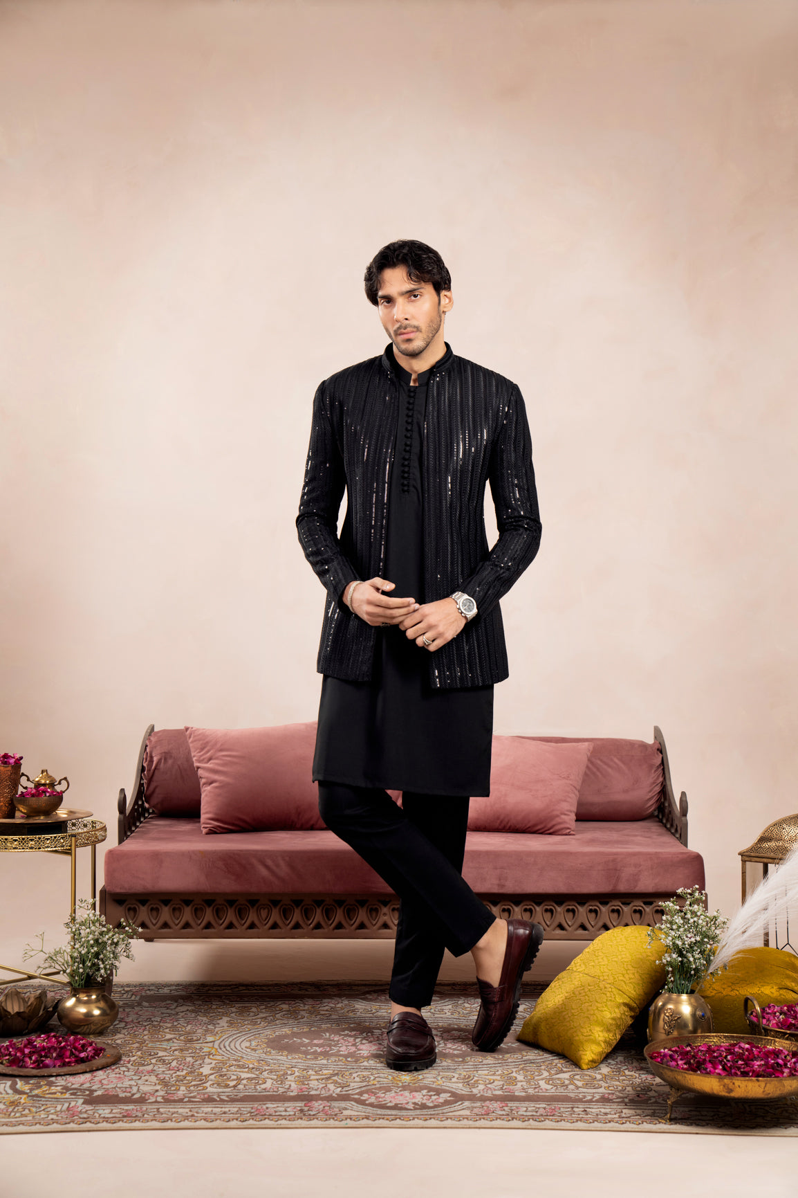 Black Sequin Embroidered Raw Silk Prince Coat (1-Pc) - Image 2
