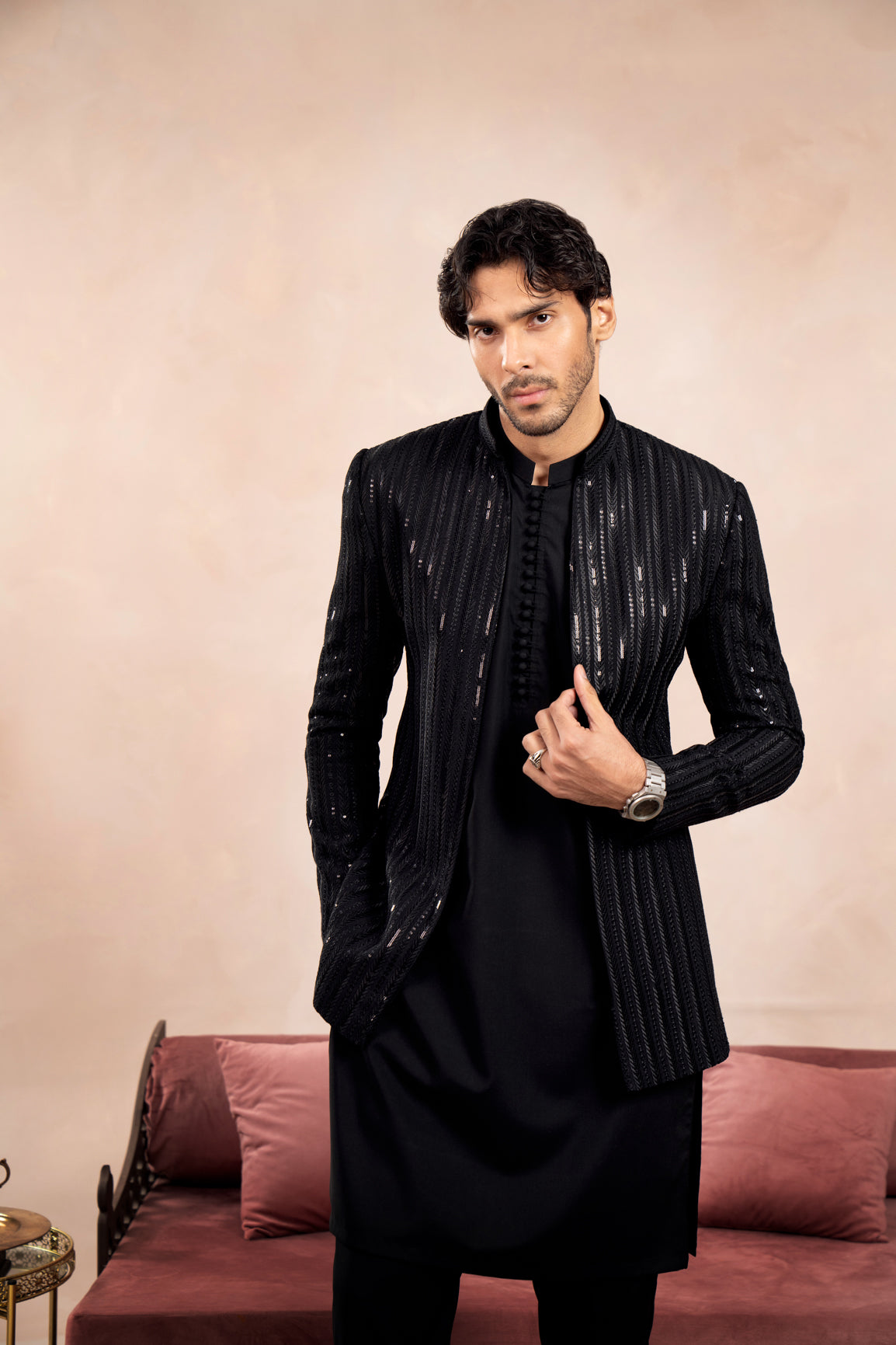 Black Sequin Embroidered Raw Silk Prince Coat (1-Pc) - Image 6