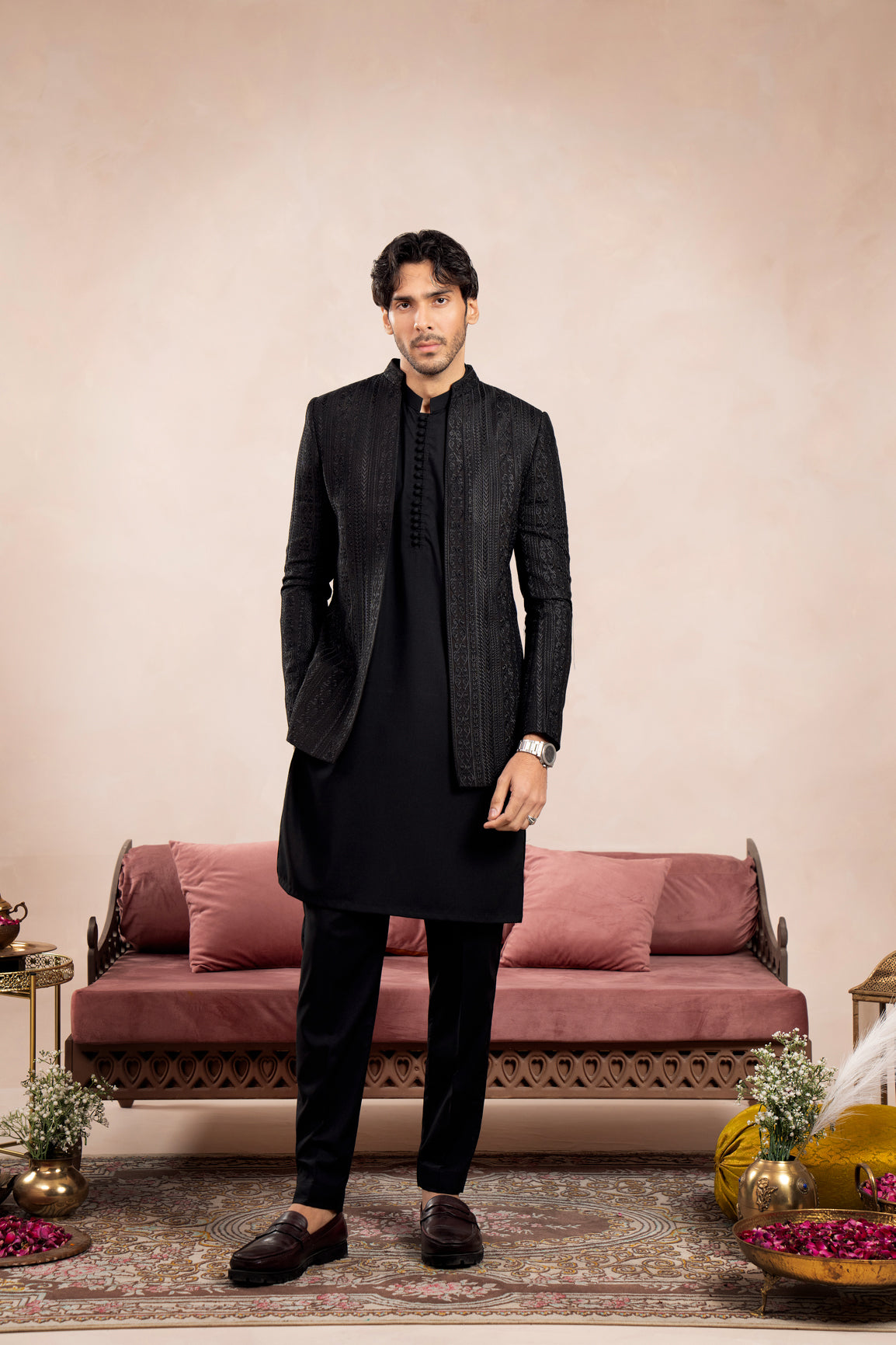 Black Sequin Embroidered Raw Silk Prince Coat (1-Pc) - Image 7