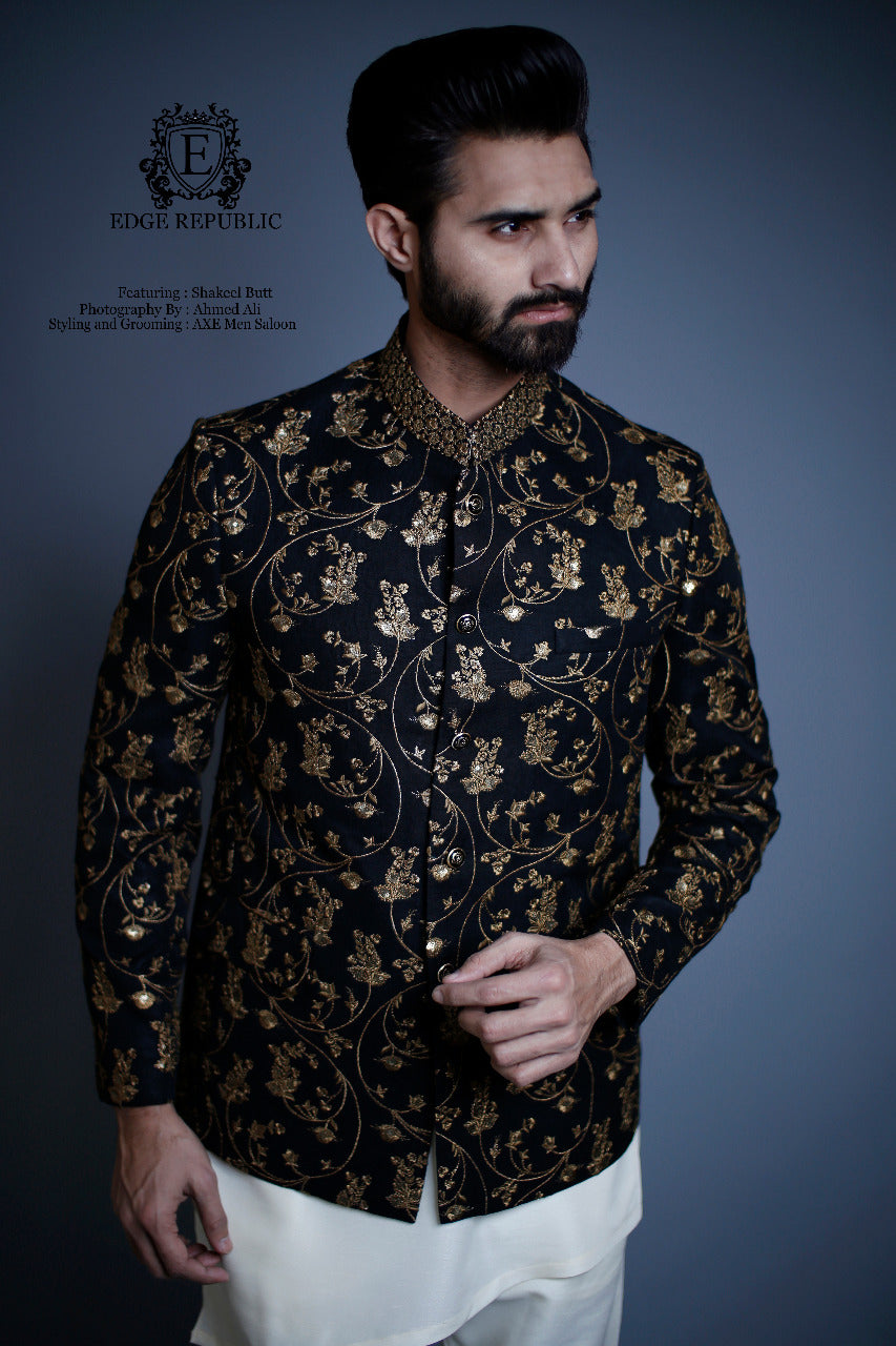 Black Copper Embroidered Raw Silk Prince Coat (1-Pc) - Image 2