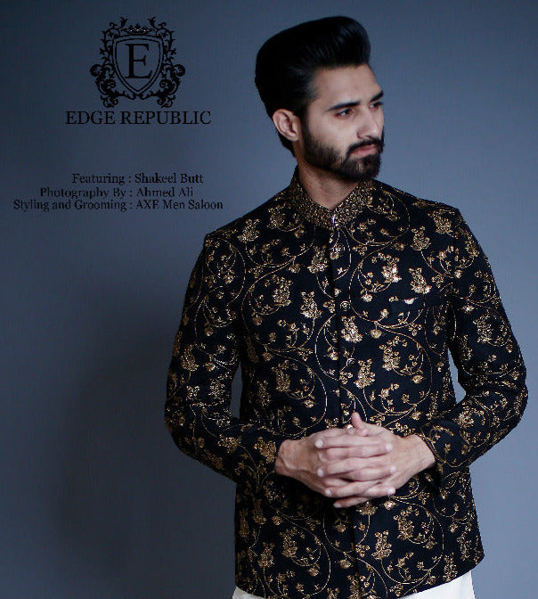 Black Copper Embroidered Raw Silk Prince Coat (1-Pc) - Image 3