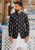 Black Beige Embroidered Raw Silk Prince Coat (2-Piece) - Image 2