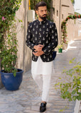 Black Beige Embroidered Raw Silk Prince Coat (2-Piece) - Image 3