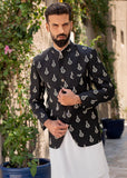 Black Beige Embroidered Raw Silk Prince Coat (2-Piece) - Image 5