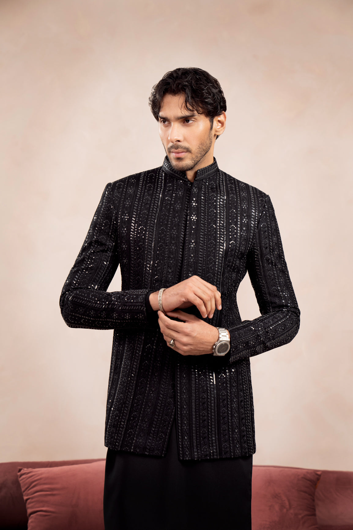 Black Embroidered Raw Silk Prince Coat (3-Piece) - Image 1