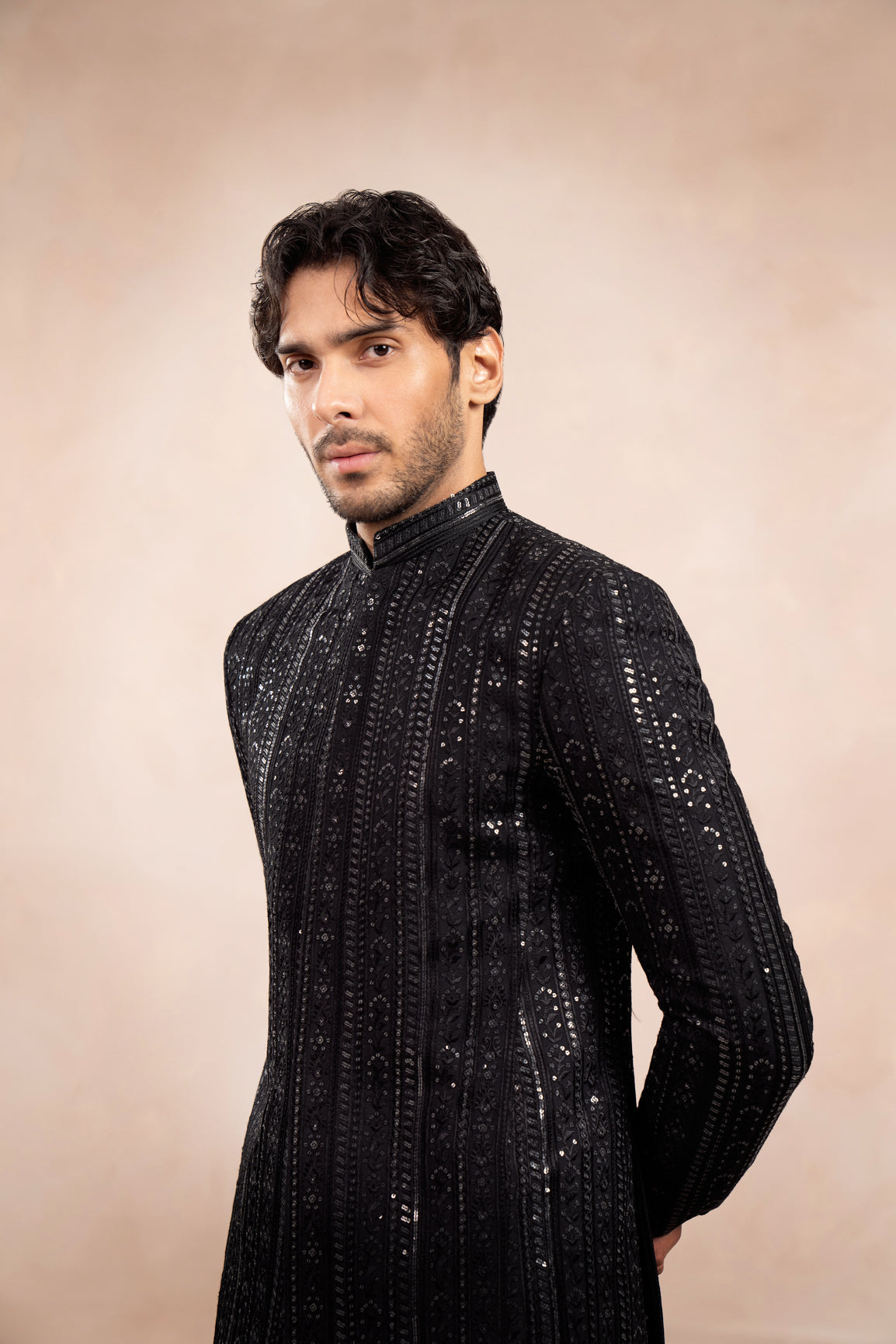 Black Embroidered Raw Silk Prince Coat (3-Piece) - Image 2
