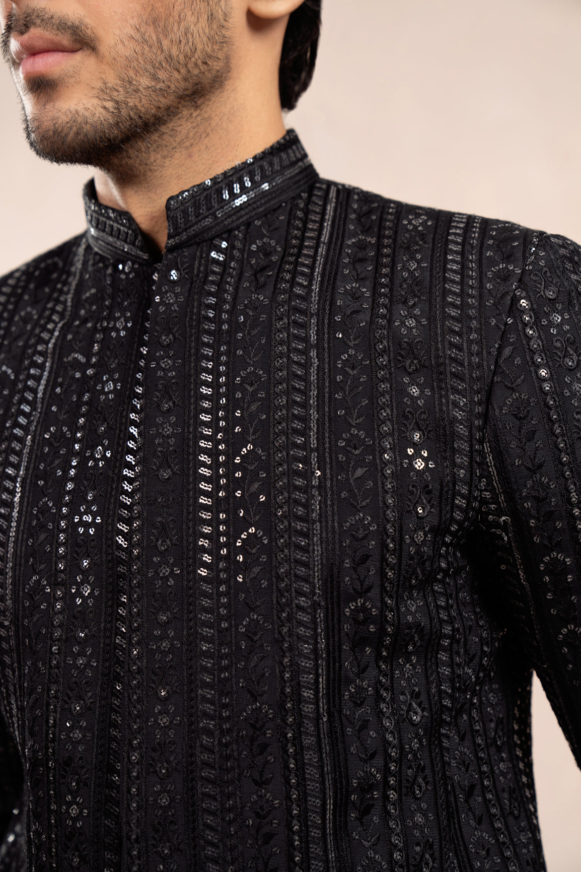 Black Embroidered Raw Silk Prince Coat (3-Piece) - Image 3