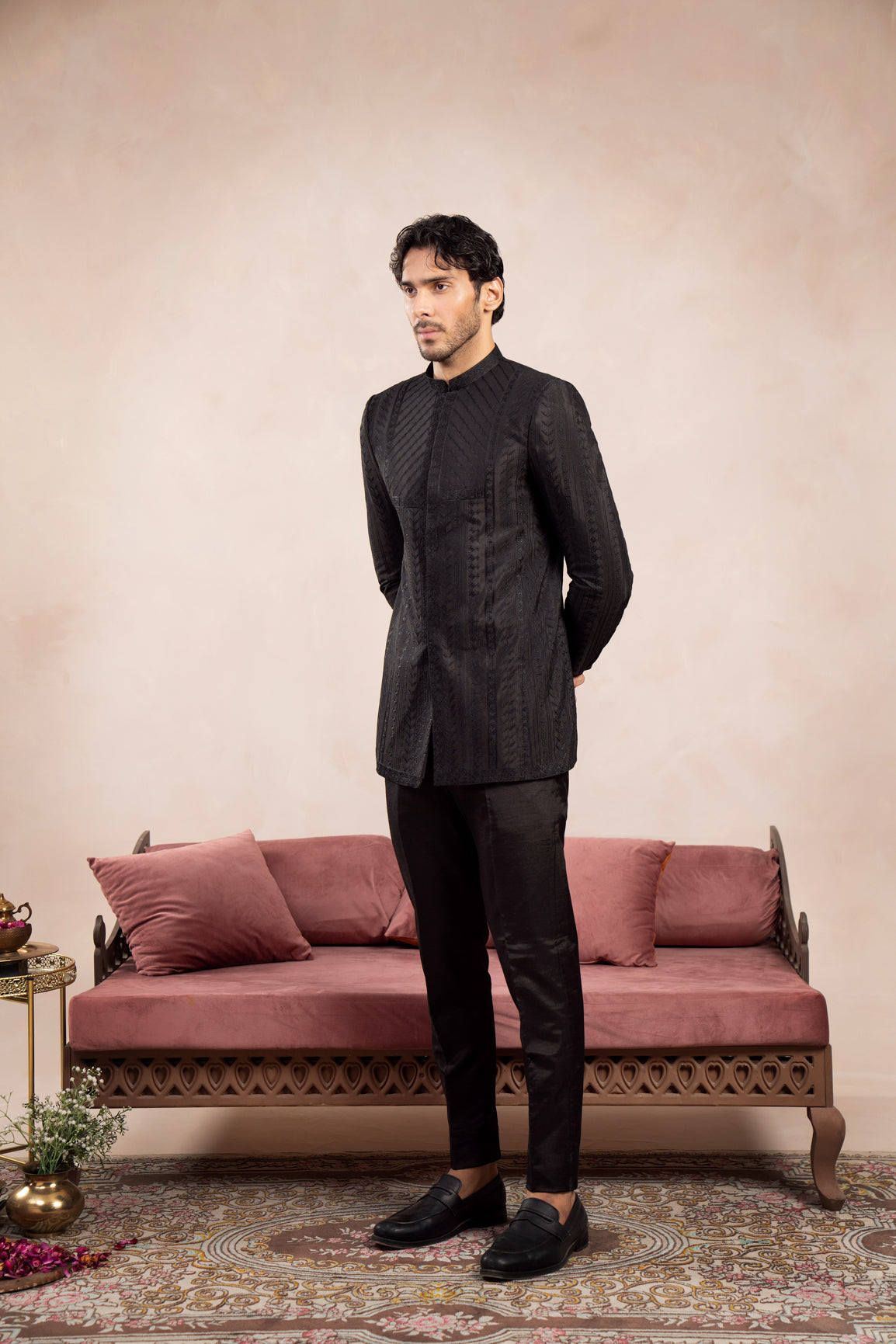 Black Embroidered Raw Silk Prince Coat (2-Piece) - Image 1