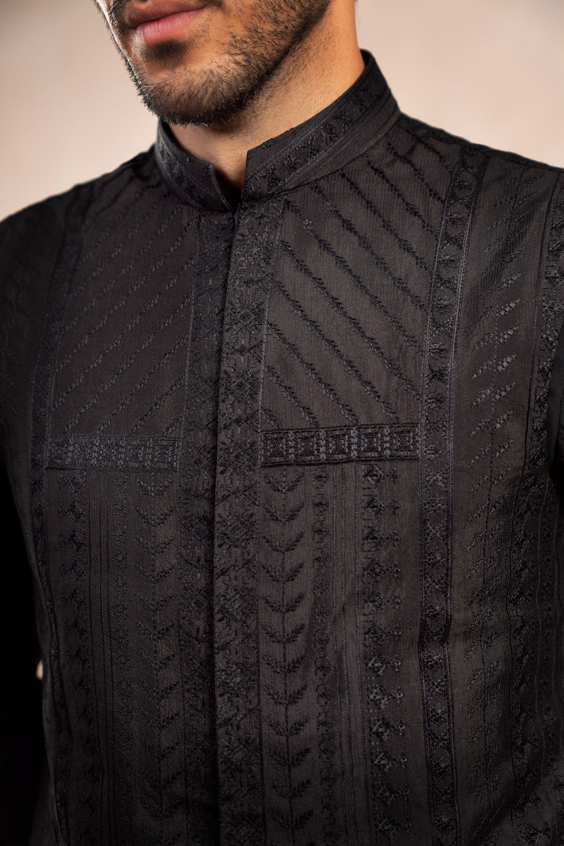 Black Embroidered Raw Silk Prince Coat (2-Piece) - Image 2