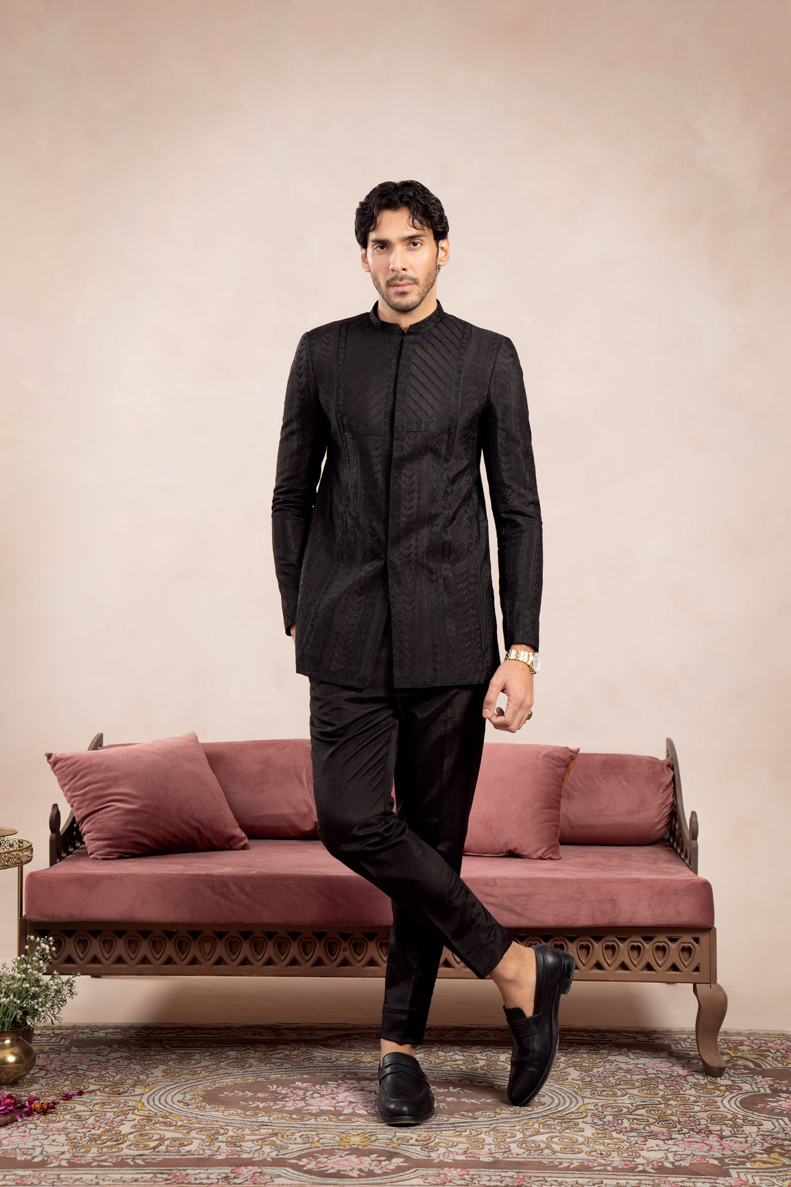 Black Embroidered Raw Silk Prince Coat (2-Piece) - Image 3