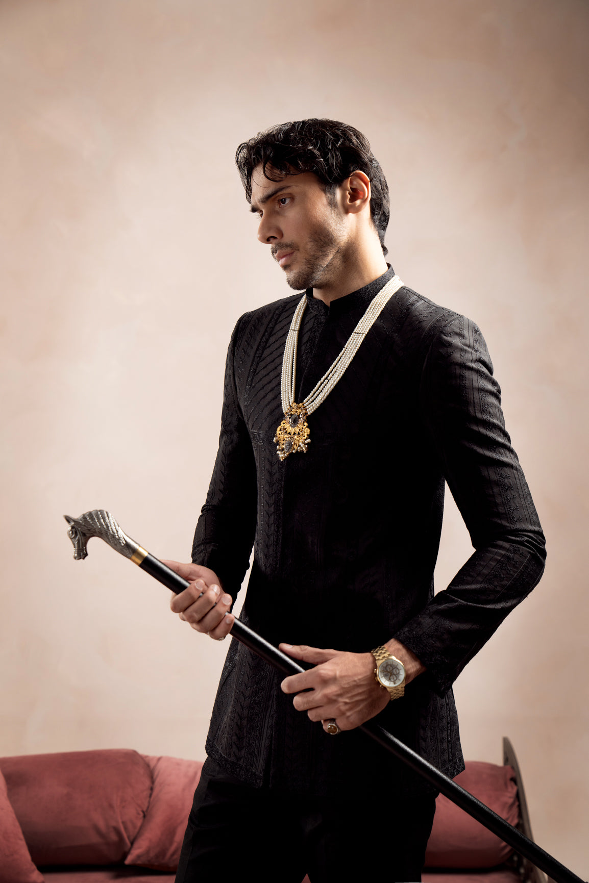 Black Embroidered Raw Silk Prince Coat (2-Piece) - Image 5