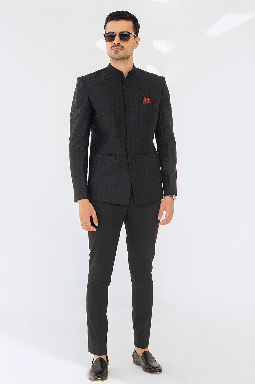 Black Geometric Embroidered Raw Silk Prince Coat (2-Piece) - Image 1