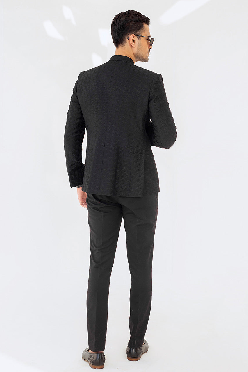 Black Geometric Embroidered Raw Silk Prince Coat (2-Piece) - Image 2