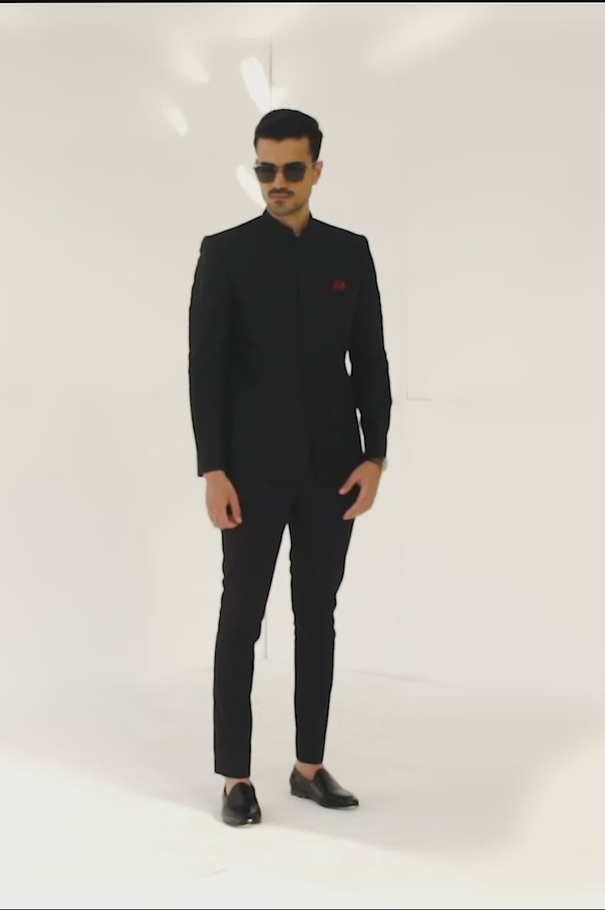 Black Geometric Embroidered Raw Silk Prince Coat (2-Piece) - Image 4