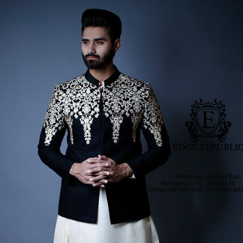 Black Gold Zari Raw Silk Prince Coat (2-Piece) - Image 1