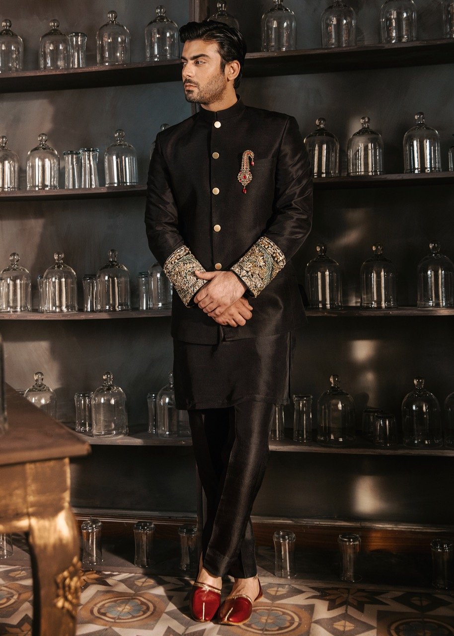 Black Embroidered Korean Rawsilk Prince Coat (3-Piece) - Image 3