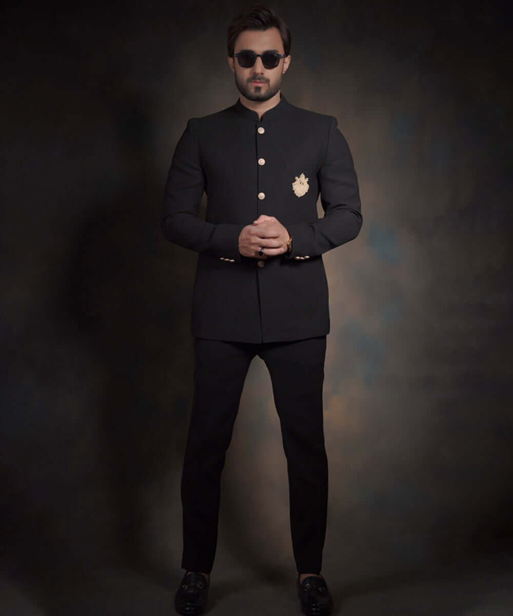 Jet Black Embroidered Ribbed Italian Suiting Prince Jacket (2-Piece) - Image 1