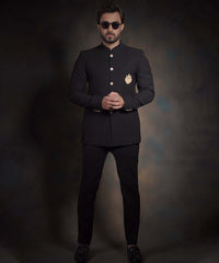 Jet Black Embroidered Ribbed Italian Suiting Prince Jacket (2-Piece) - Image 2