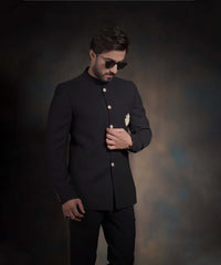 Jet Black Embroidered Ribbed Italian Suiting Prince Jacket (2-Piece) - Image 4