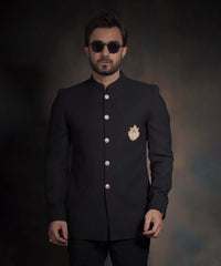 Jet Black Embroidered Ribbed Italian Suiting Prince Jacket (2-Piece) - Image 5