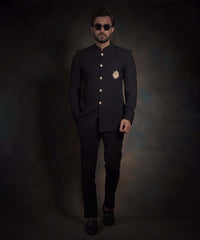 Jet Black Embroidered Ribbed Italian Suiting Prince Jacket (2-Piece) - Image 6