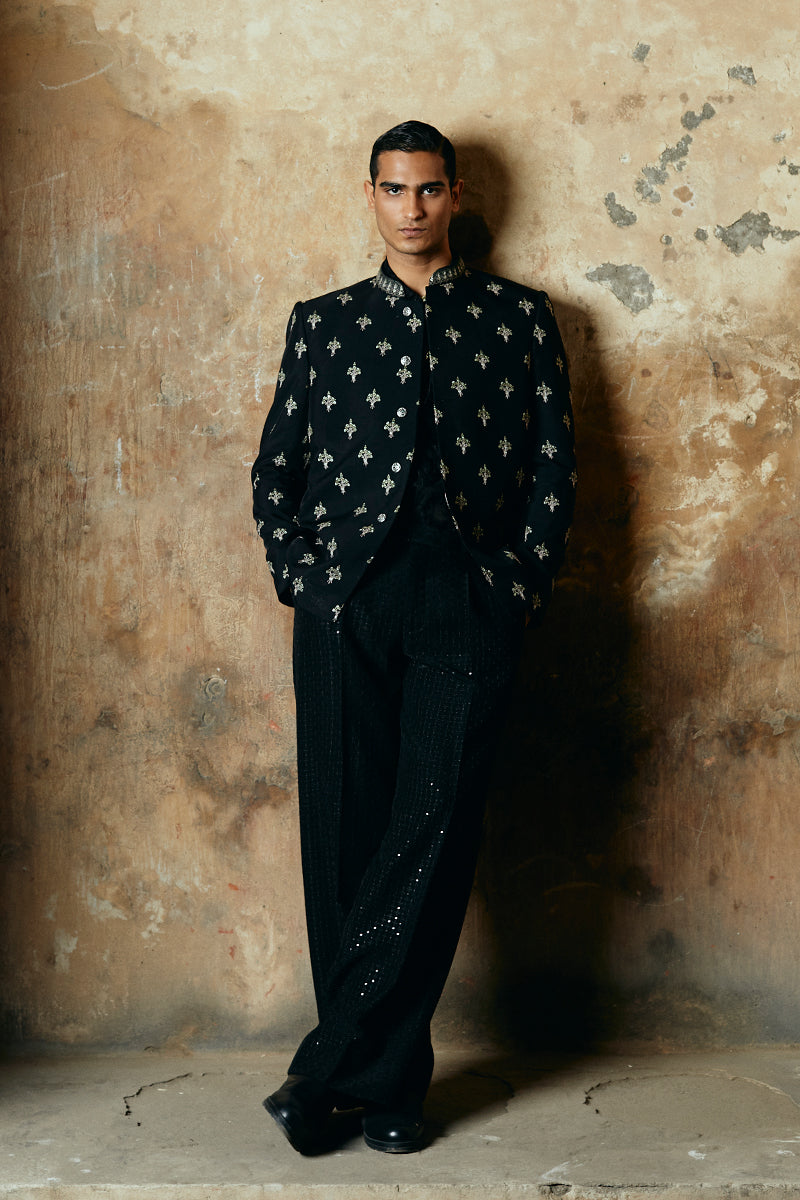 Raven Black Embroidered Satin Silk Prince Coat (1-Pc) - Image 4