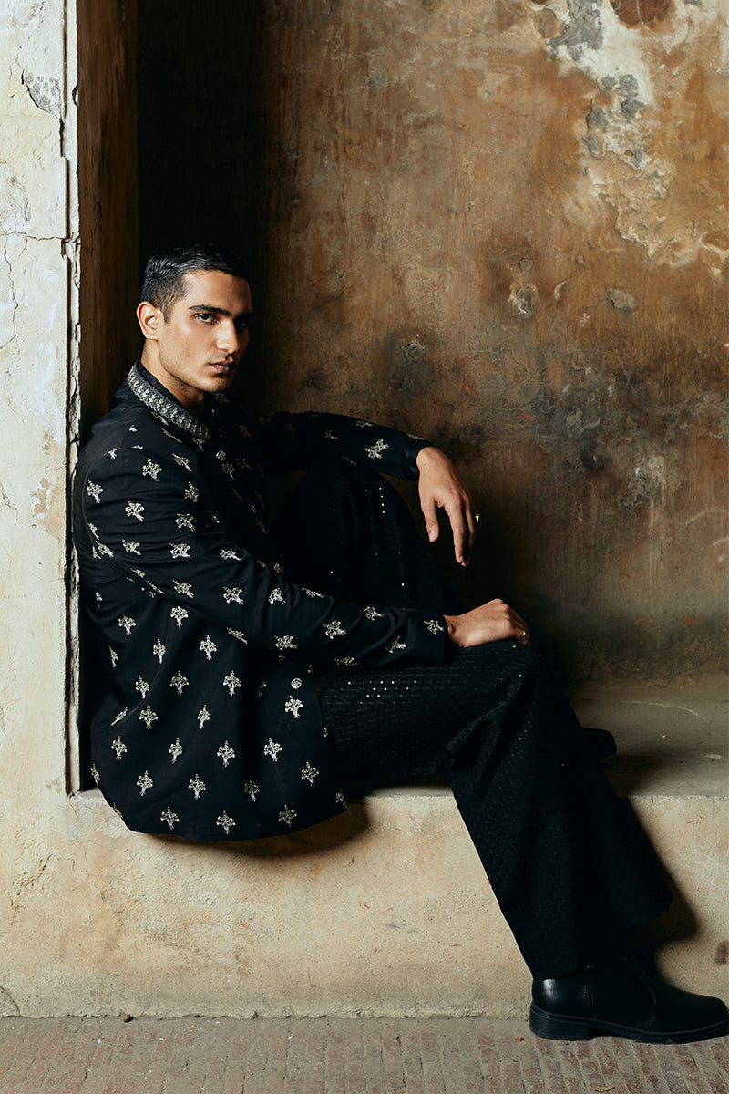 Raven Black Embroidered Satin Silk Prince Coat (1-Pc) - Image 5