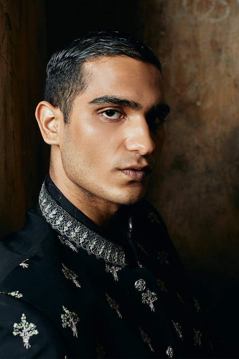 Raven Black Embroidered Satin Silk Prince Coat (1-Pc) - Image 6