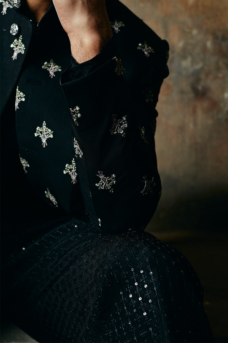 Raven Black Embroidered Satin Silk Prince Coat (1-Pc) - Image 7