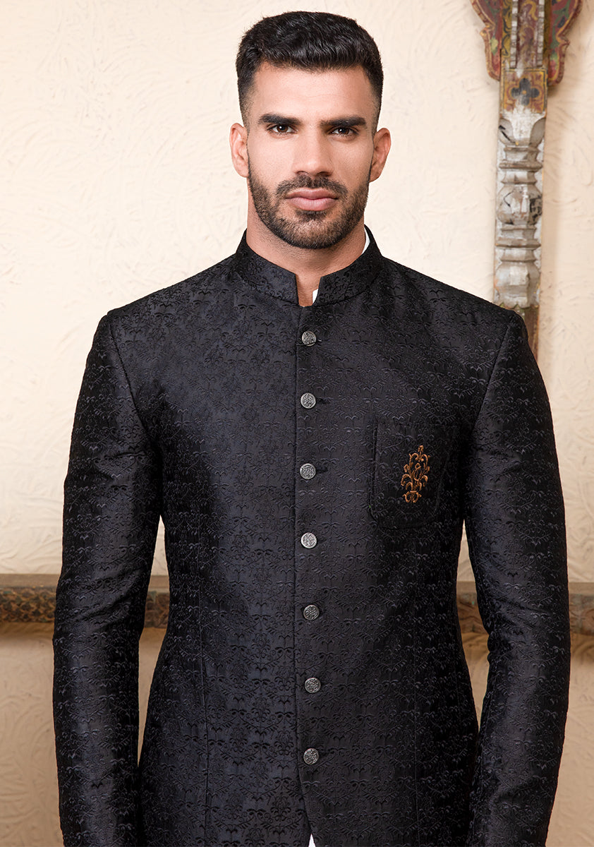 Black Embroidered Satin Silk Prince Coat (3-Piece) - Image 2