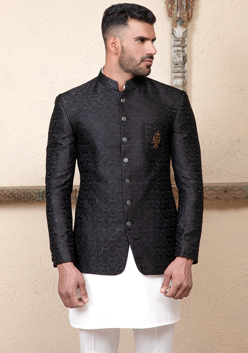 Black Embroidered Satin Silk Prince Coat (3-Piece) - Image 3