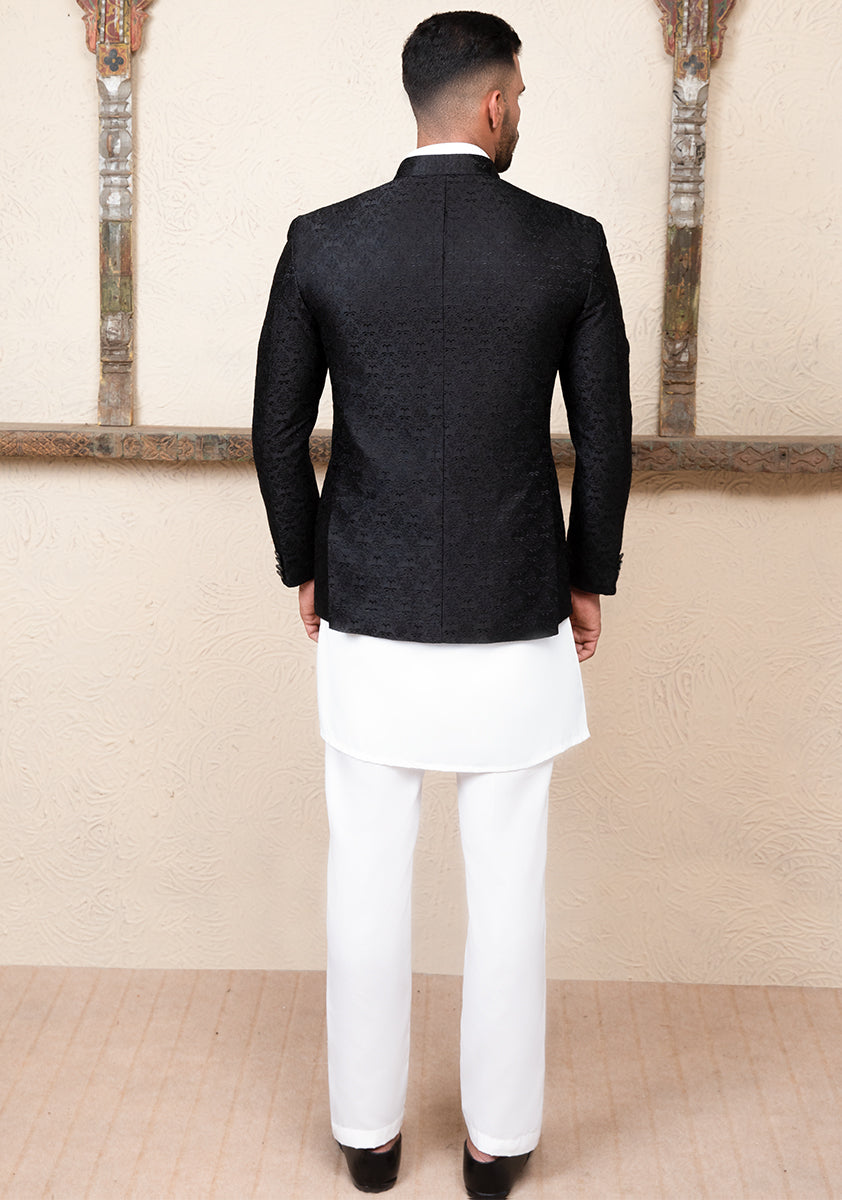 Black Embroidered Satin Silk Prince Coat (3-Piece) - Image 4