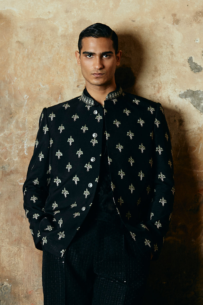 Raven Black Embroidered Satin Silk Prince Coat (1-Pc) - Image 1