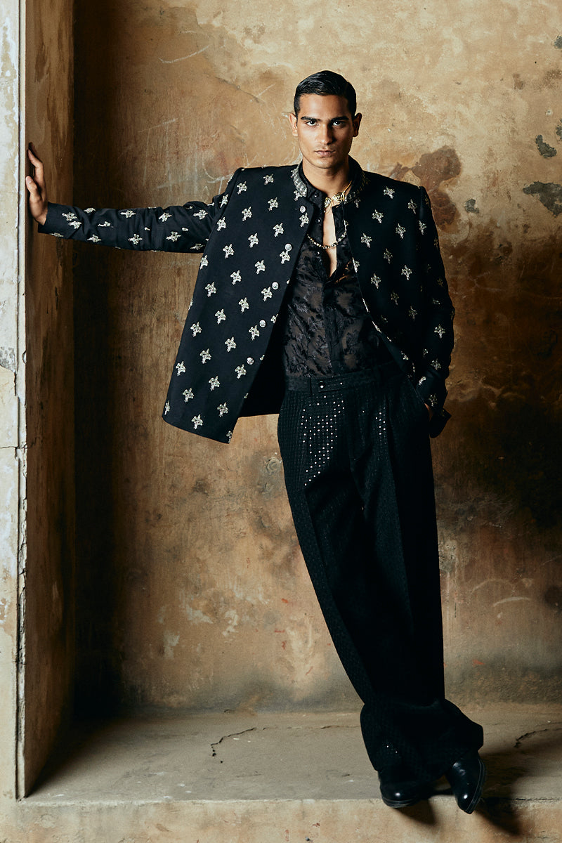 Raven Black Embroidered Satin Silk Bandhgala Jacket (2-Piece) - Image 2