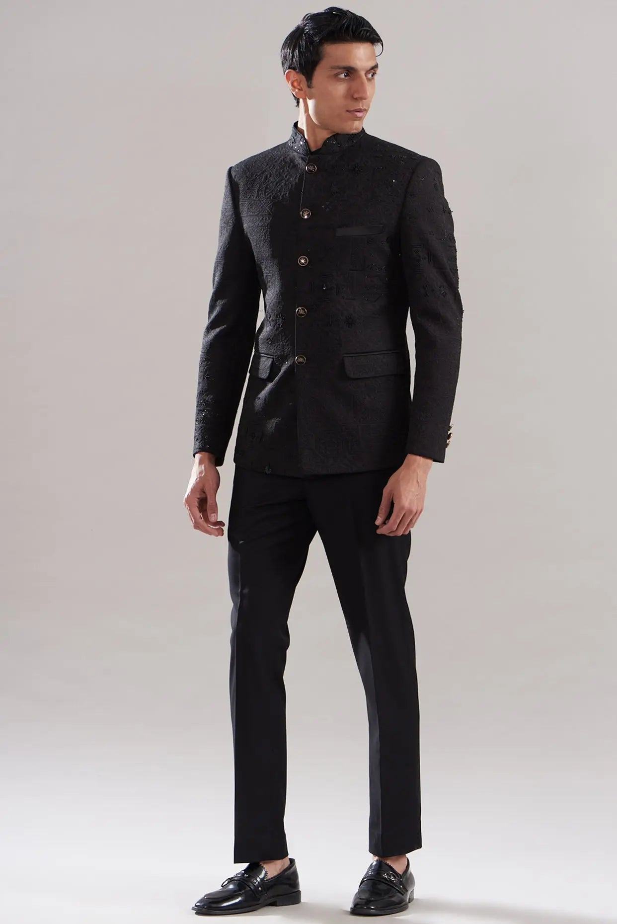 Black Embellished Scuba Prince Coat (2-Piece) - Image 1