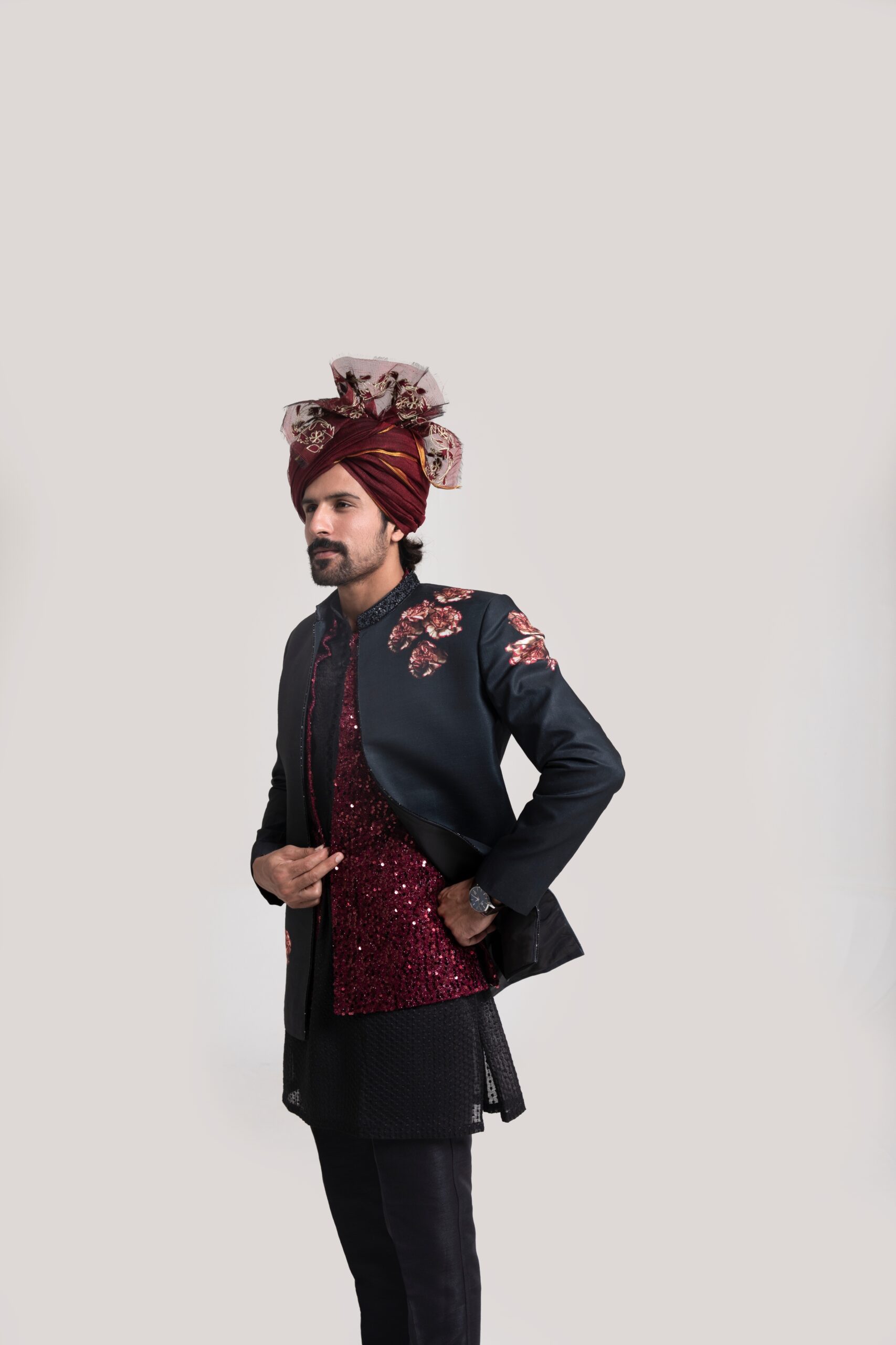 Black Embroidered Double-Layer Prince Coat (3-Piece) - Image 1