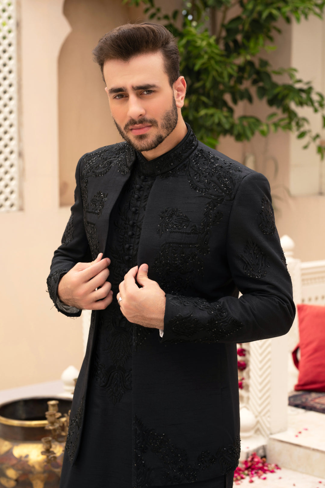 Black Embroidered Silk Prince Coat (3-Piece) - Image 2