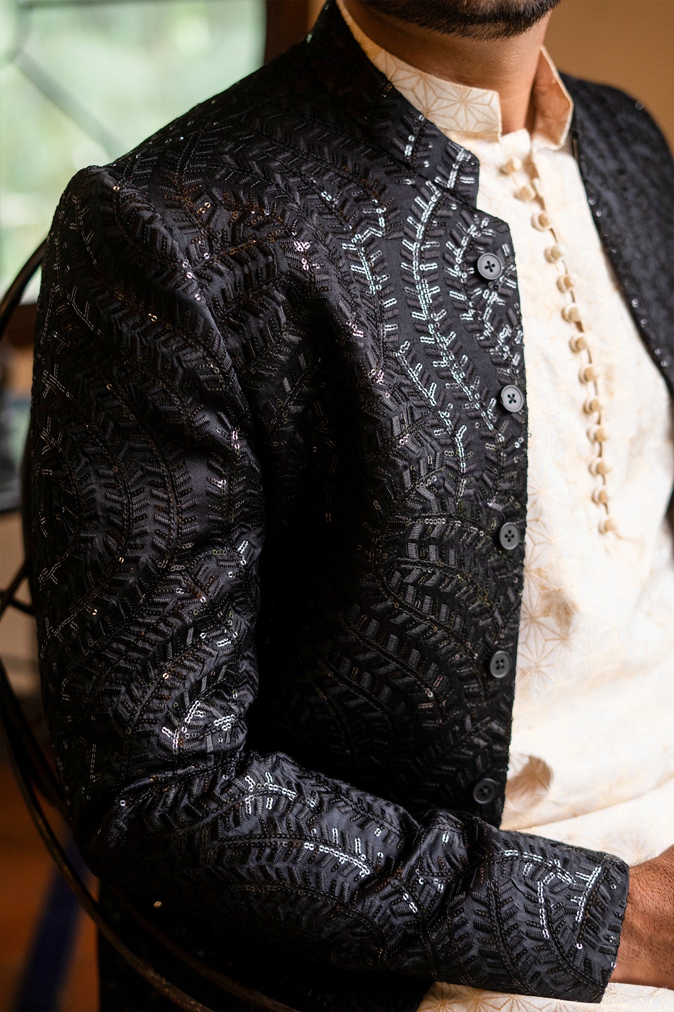 Black Sequin Embroidered Silk-Blend Prince Coat (1-Pc) - Image 4